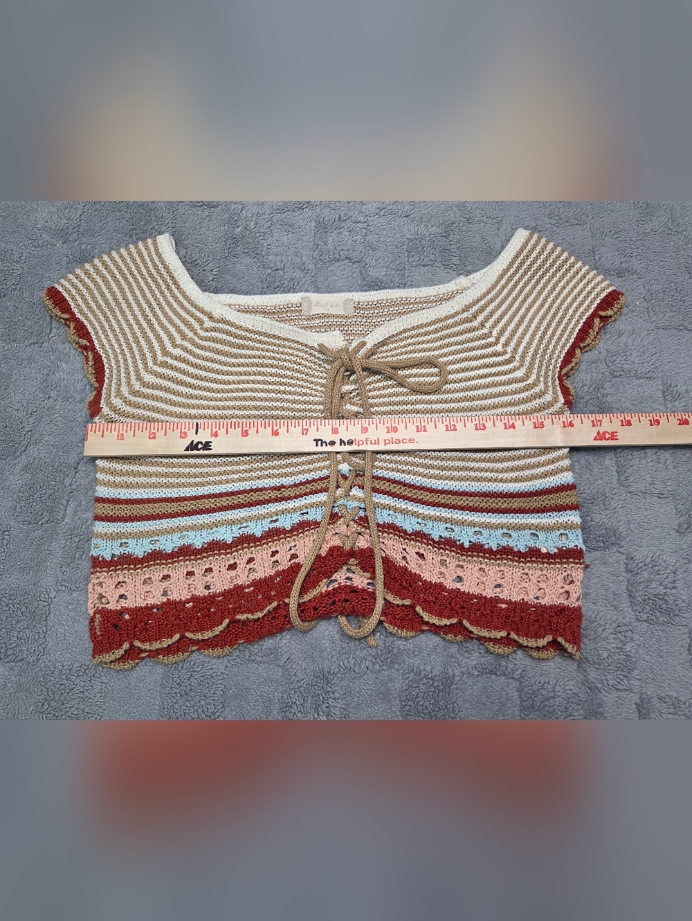 Altar'd State Striped Crochet Lace-Up Crop Top in Beige, Rust & Blush, size Med - Picture 4 of 9